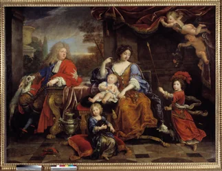 La famille de Louis de France (1661-1711), fils de Louis XIV (1638-1715), connu sous le nom de Grand Dauphin, en 1687. Il est représenté avec son épouse Marie Anne Christine de Baviere et leurs enfants Louis, Philippe (qui devint Philippe V d