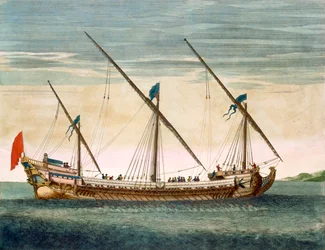Une galéasse à trois mâts naviguant à la rame, extraite de Le Neptune Français, v. 1693-1700
