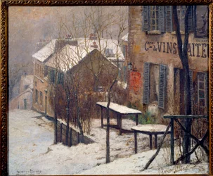 Le cabaret au Lapin Agile à Montmartre en 1890. Vue de Paris sous la neige en hiver. Peinture de Pierre Prins (1838-1913)