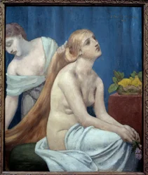 Femme à sa toilette. Une femme nue aux longs cheveux blonds est coiffée par une servante. Peinture de Pierre Puvis de Chavannes (1824-1898), 1883. Soleil. 0,75 x 0,63 m. Paris, musée d
