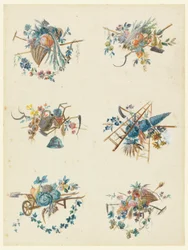 Six trophées avec les attributs du jardinage