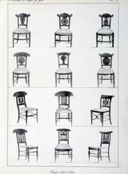 Différents modèles de chaises du Premier Empire (1805-1806). Planche tirée de la collection « Collection de meubles et objets de goût » de Pierre de la Mésangère (1761-1831). Paris. Arts décoratifs