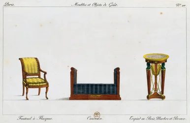 Fauteuil à oreilles, canapé et table tripode, planche 211, illustration de Collection de meubles et objets de goût
