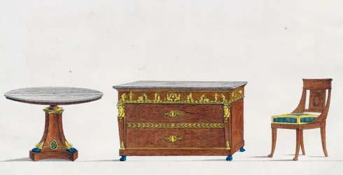 Table en acajou, commode et chaise, planche 241, illustration de Collection de meubles et objets de goût