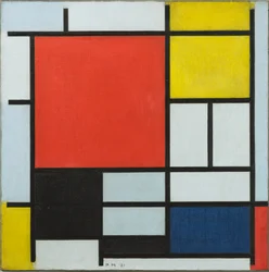 Composition avec grand plan rouge, jaune, noir, gris et bleu