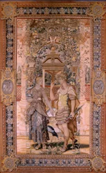 Tapisserie flamande. Série Vertumne et Pomone. Vertumne transformé en guerrier. Quatrième tapisserie de la série. Modèle Cercle de Pieter Coecke van Aelst. Manufacture Wilhelm Pannemaker, Bruxelles. Vers 1545-1550. Tissu Or, argent, soie et laine.
