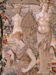 Série Vertumne et Pomone. Vertumne transformé en vieille femme. Sixième tapisserie de la série. Modèle Cercle de Pieter Coecke van Aelst. Manufacture Wilhelm Pannemaker, Bruxelles. Vers 1545-1550