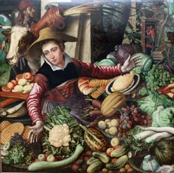 French : Market woman at a vegetable stand Market woman at a vegetable stand