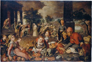 Scène de marché avec le Christ et la femme adultère