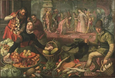 Scène de marché et le Christ avec la femme adultère par Pieter Aertsen dit Lange Pier