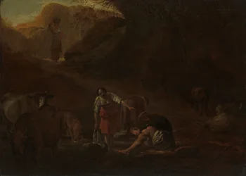 Un berger et des lavandières à une source