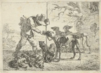 Chasseur avec sept chiens