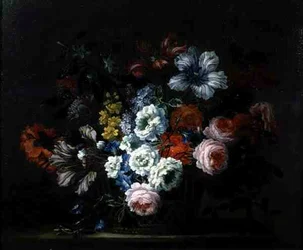 Nature morte de roses, pivoines, tulipes et gloire du matin dans un panier