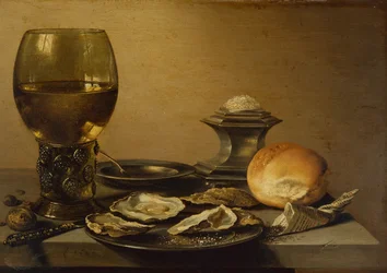 Nature morte de petit déjeuner aux huîtres, sel, pain et noix