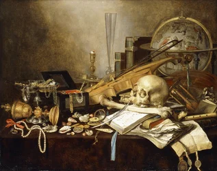 Nature morte de vanité avec instruments de musique et manuscrits, une coupe couverte dorée renversée, un coffret à bijoux, un chandelier, un globe astrologique, un collier de perles, des bijoux, des coquillages, un crâne et un fémur, et un sablier sur une