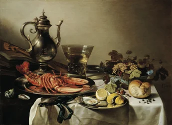 Table avec homard, cruche en argent, grand Berkemeyer, coupe de fruits, violon et livres, 1641