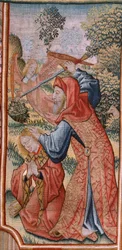 Tapisserie flamande. Série Épisodes de la vie de la Vierge; Présentation au Temple. Deuxième tapisserie de la série. Modèles attribués à Jan van Roome (ou van Brussel). Manufacture Pieter van Aelst, Bruxelles. Ca 1502-1504.