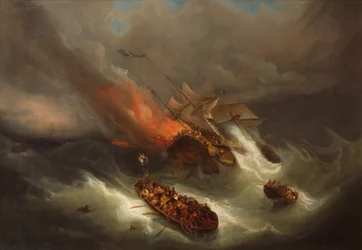 Destruction totale du navire marchand Kent par le feu (huile sur toile)