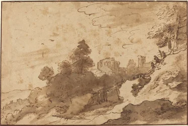 Paysage avec pont et ruines en arrière-plan