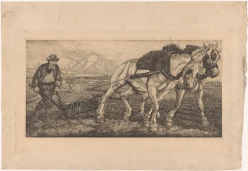 Twee ploegende paarden