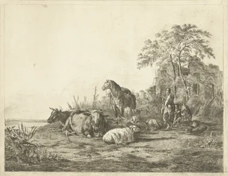 Berger et bergère avec troupeau de bétail