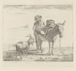 Homme avec un âne de bât et une chèvre