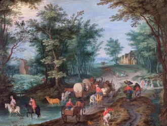 Paysage avec personnages traversant un ruisseau