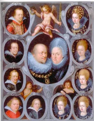 Le duc Frédéric Ier (1557-1608) (r. 1593-1608) et la duchesse de Wurtemberg Sibylla avec dix de leurs enfants