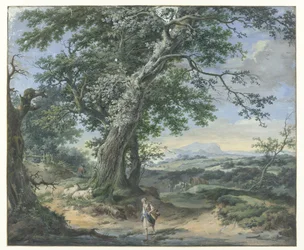 Paysage vallonné avec arbres imposants et figures humaines