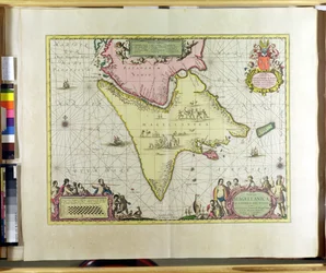 Tabula Magellanica, Quatierrae del Fuego, planche 18 de Le Nouveau et Grand Illuminant Flambeau de la Mer par Claes Jansz. Vooght, publié à Amsterdam, 1683 (gravure colorée à la main)