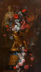 Fleurs en cascade avec sculptures d