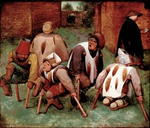Groupe de personnages handicapés, amputés des jambes. Peinture de Pieter Bruegel l