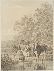 Paysage avec du bétail au bord de l