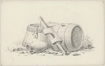 Nature morte avec des tonneaux, un joug et une cruche