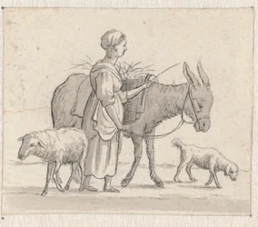 Femme avec un âne, un mouton et un chien