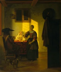 Un couple jouant aux cartes, avec une servante, vers 1665-75