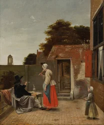 Un homme fumant et une femme buvant dans une cour, vers 1658-60