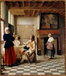 Intérieur hollandais. Une femme boit avec deux hommes attablés