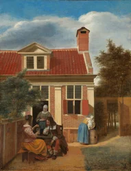 Figures dans une cour derrière une maison