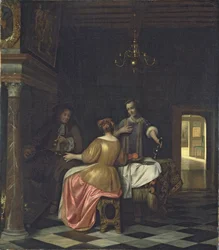 Intérieur avec un gentleman et deux dames conversant, c.1668-70