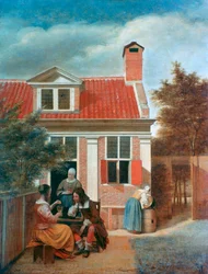 Trois Femmes et un Homme dans une Cour derrière une Maison, vers 1657-1659