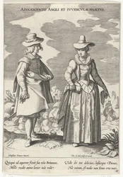 Couple vêtu à la mode anglaise, vers 1610 (Adolescentis Angli et Ivvenclvae Habitvs) (Costumes de différents pays) (Variarum Gentium Ornatus)