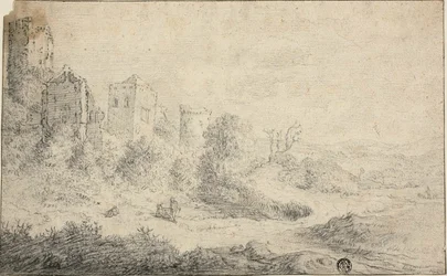 Paysage avec château en ruine et trois figures