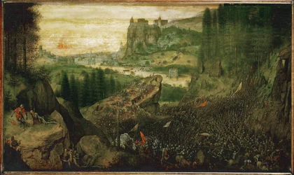 Le suicide de Saül lors de la bataille du mont Gilboa contre les Philistins (peinture sur bois de chêne)