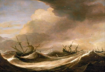 Navires en haute mer fuyant la tempête, voiles réduites, secoués par les fortes vagues