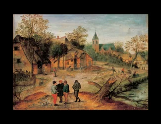 Paysage de village avec des fermiers conversant au premier plan, 1634