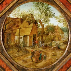 Rue du village avec des agriculteurs (peinture sur bois)