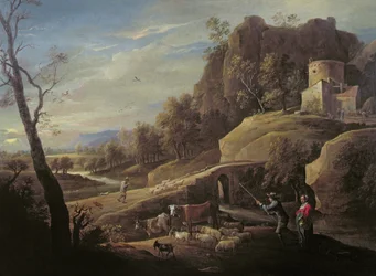 Paysage avec des fermiers s