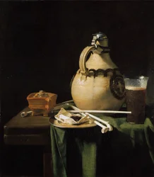 Nature morte avec cruche en faïence et pipes en terre