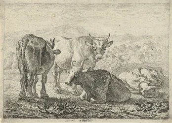 Allemand : Drei Rinder und ein schlafender Hirte
Français : Les boeufs
Trois bovins et un berger endormi